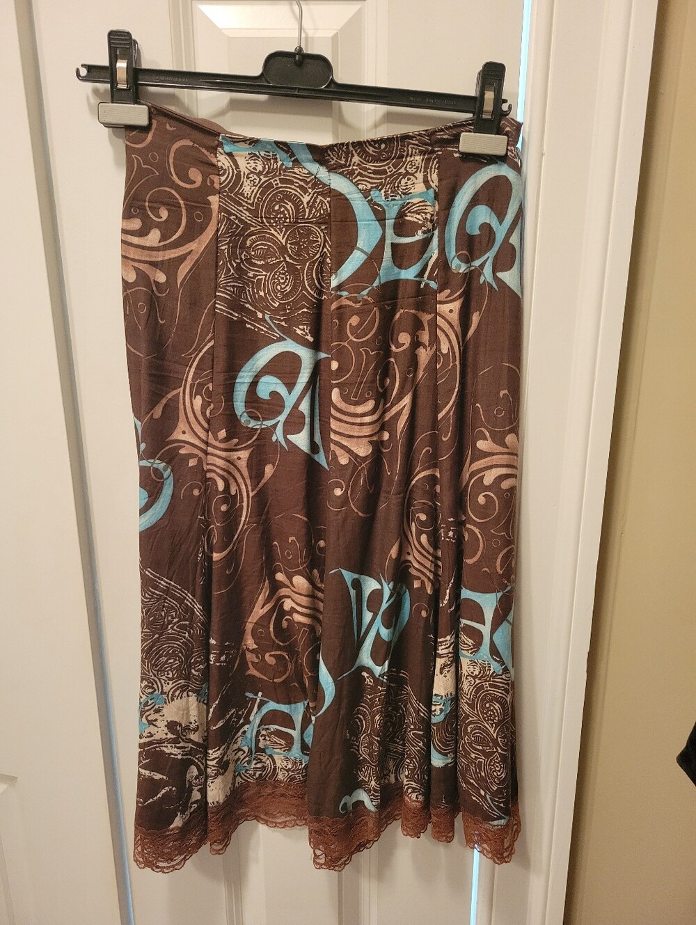 Vintage, Brown and Turquoise Patterned Maxi Skirt, Made In FRANCE